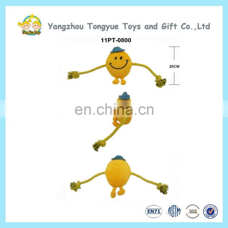 Plush Smiling Face Yellow Man Dog Toys with Rope String Arm