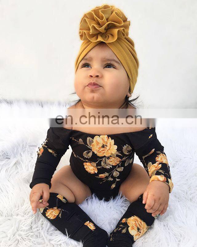 Baby Black Romper with flower Newborn Toddler long sleeve bodysuit 4Size for 0-2Y