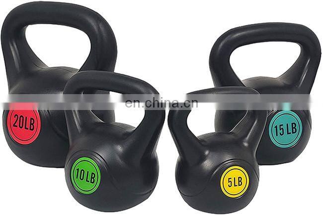 Durable vinyl and filled with cement plastic kettlebells set