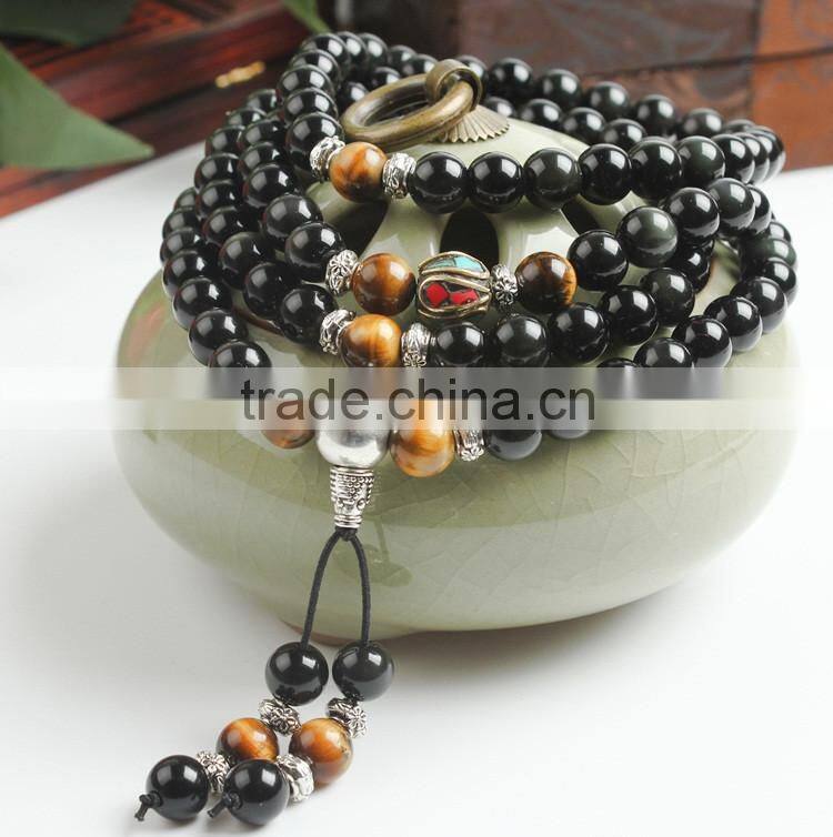 8mm Multilayer yellow Tiger Eye and black Obsidian Malas Prayer Beads Bracelet