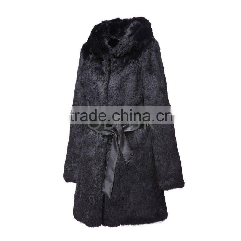 Lady Winter Long Genuine Natural Rabbit Coat with Hoodied D0021