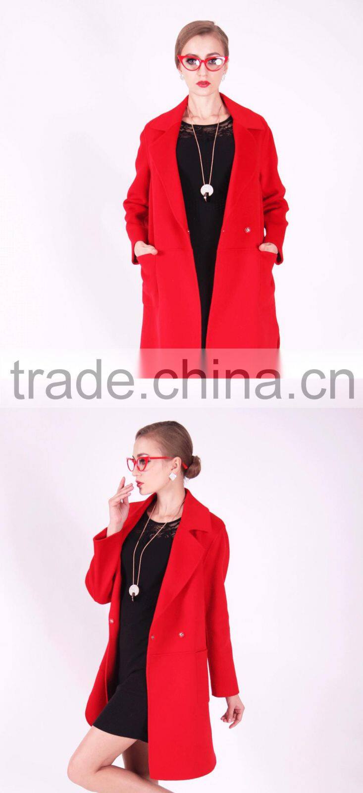 New Design Spring Women Medium Length Red Wool Coat