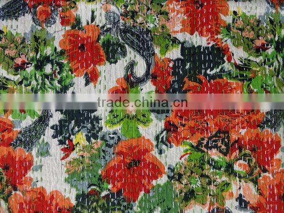 Handmade Kantha Quilt,Cotton Quilt India,Handstiched Floral Kantha Bedspread,Full Double Size Kantha Bedcover,Indian Kanthawork