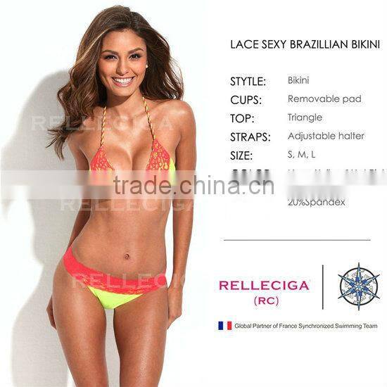 RELLECIGA Triangle Bikini Swimwear - Neon Yellow + Red Lace Top with Scrunch Butt Hot Sale Sexy Brazilian Bikini Set