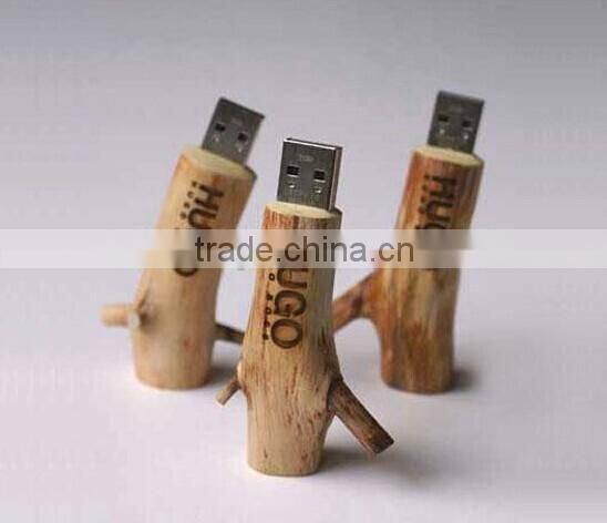 eco-friendly branch shape wood usb flash drive engraving custom logo