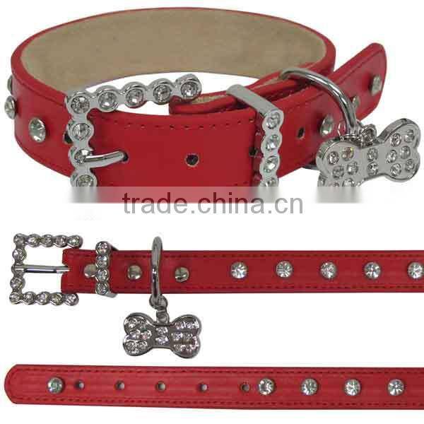 Green Rhinestone Buckle Leather Dog Collars Wholesale