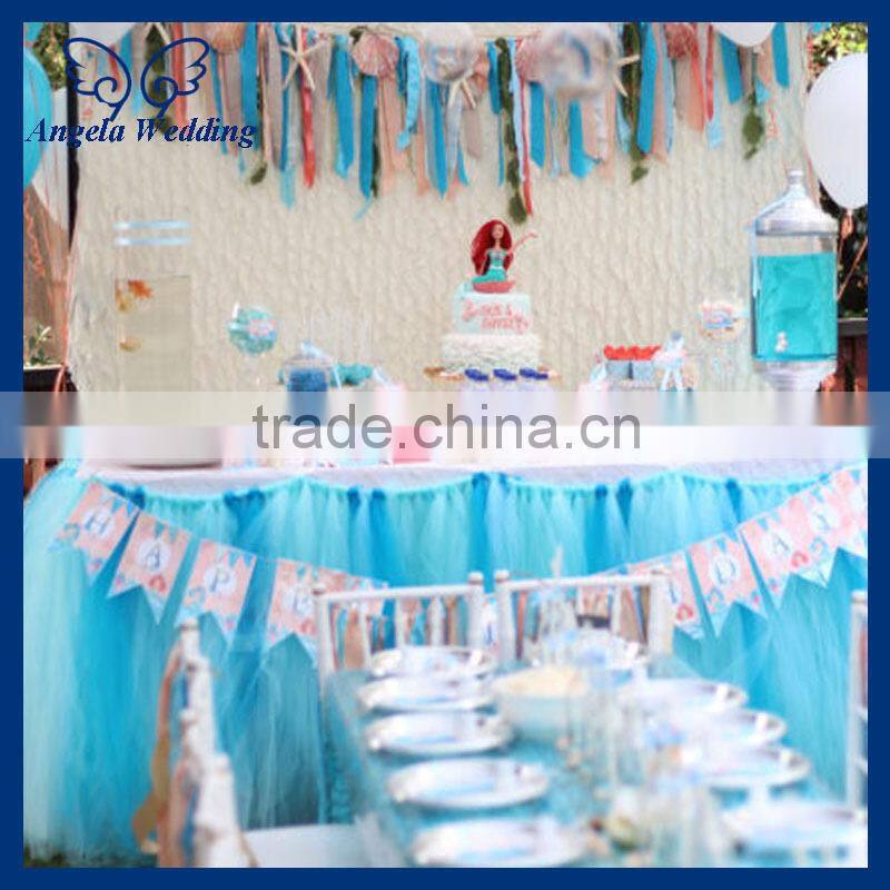 SK005C New arrival gorgeous ruffled bridal ruffled wedding baby blue soft net tulle table skirting