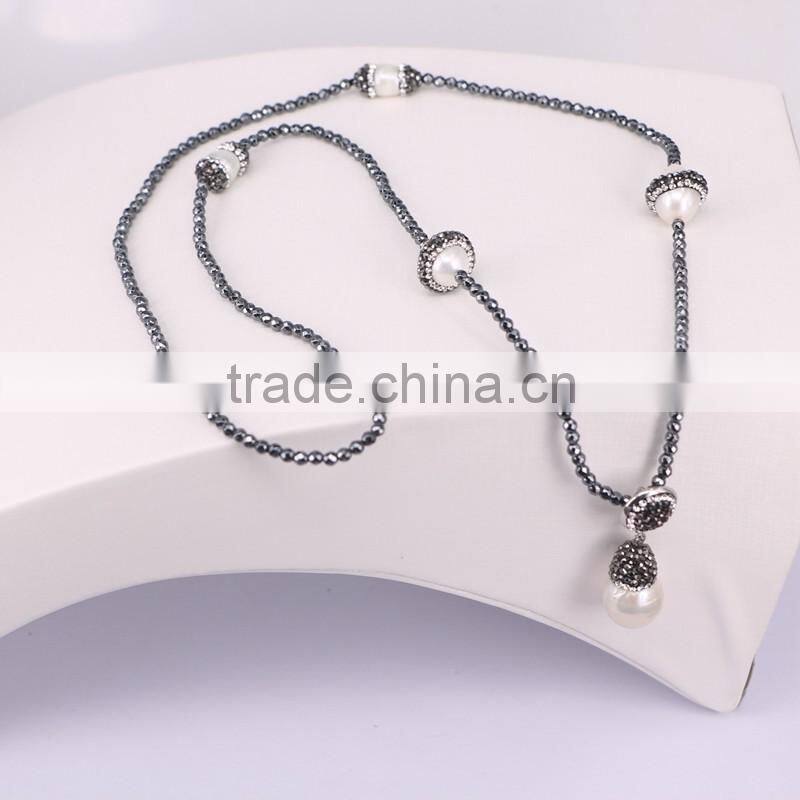 Natural Gem Pearl Necklace, with 3mm Hematite Beads Necklace, Drop Pearl Pendant Charm, Druzy Fashion Gemstone Necklace