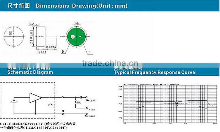 4mm diameter -48db noise canceling electret condenser microphone