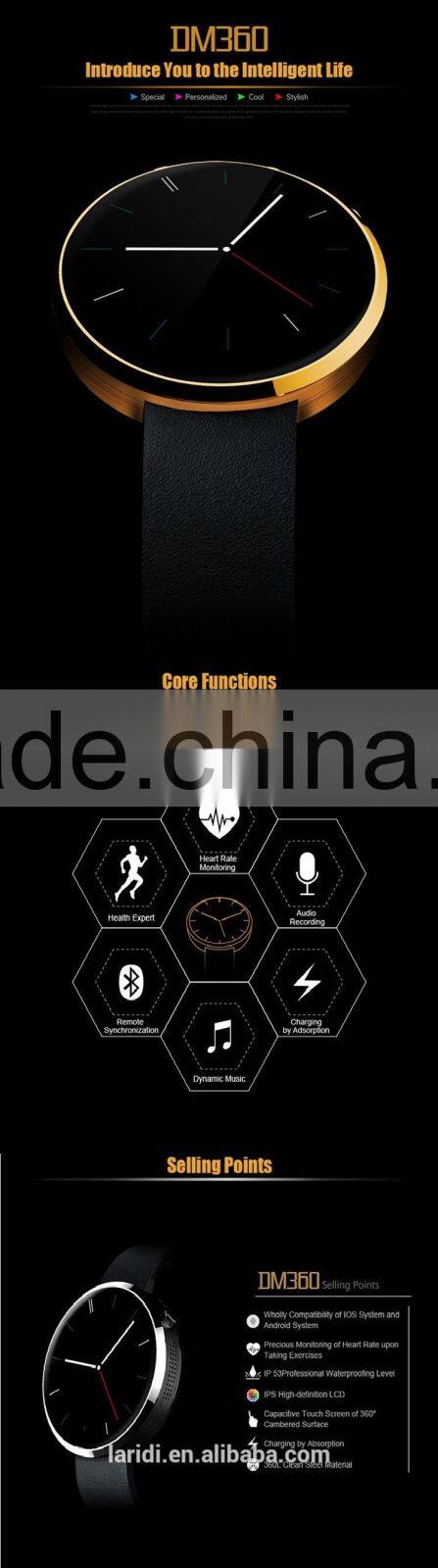 2015 New leather DM360 bluetooth smart watch for full hd 1080p porn sex video android and IOS support pedometer