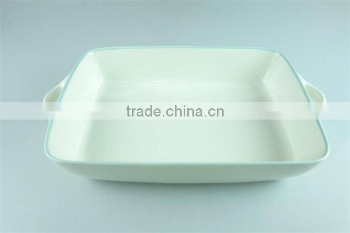 Enamel ceramic baking dish white green line decor serving dish rectangular with handle
