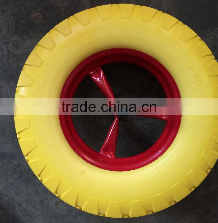 16 inch 400-8 solid wheel barrow tyre with axle PU foam rubber wheel