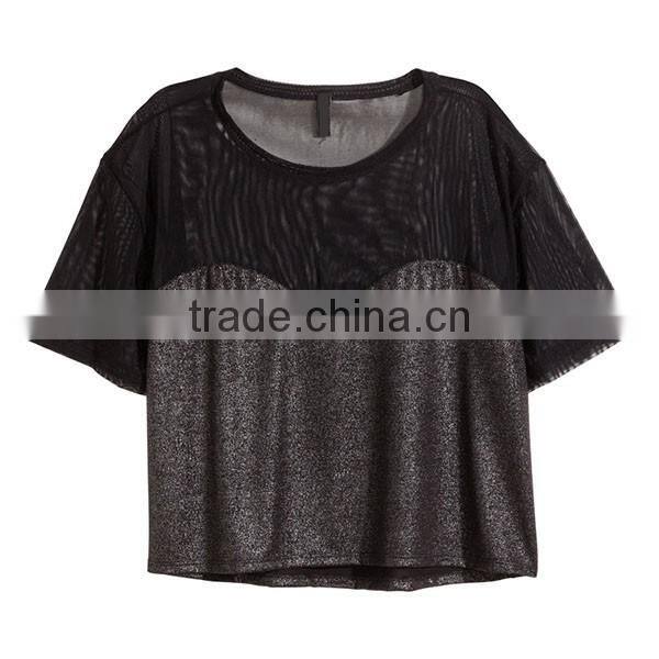 New Arrival Women Short Sleeve Wide Jersey Cropped Mesh Tops HST9262