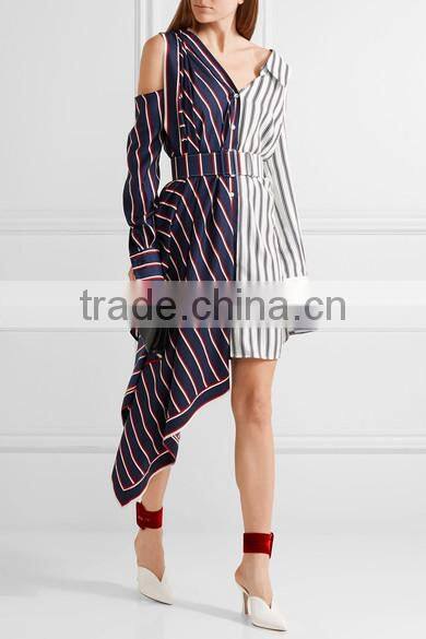 Plus size Off-the-shoulder asymmetric striped shirt with long sleeve