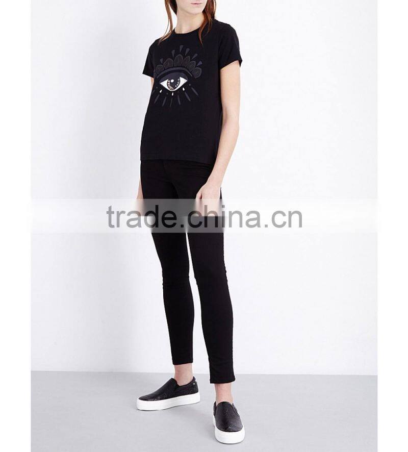 Wholesale Women Short Sleeves Black Front-printed T-shirt(DQE0073T)