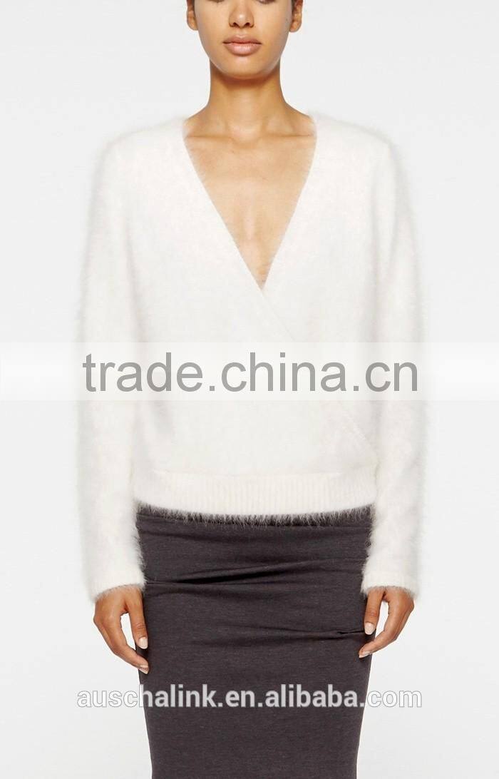 personalized lady ivory V neck ribbed hem100% angora sweater