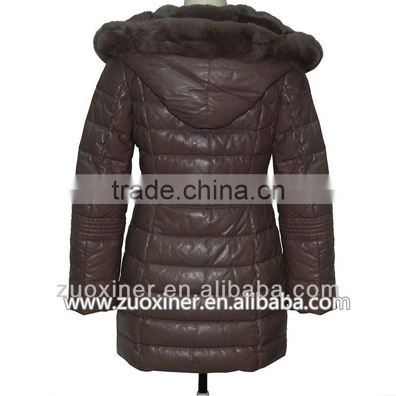 Fashion women long natural leather jackets with full animal fur collar down coat