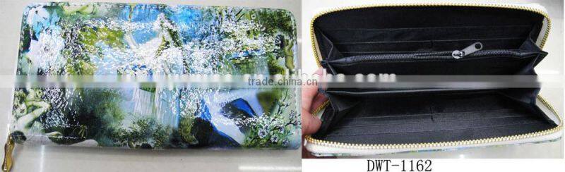 Fashion nice stylish women zipper round print angel leather pu wallet