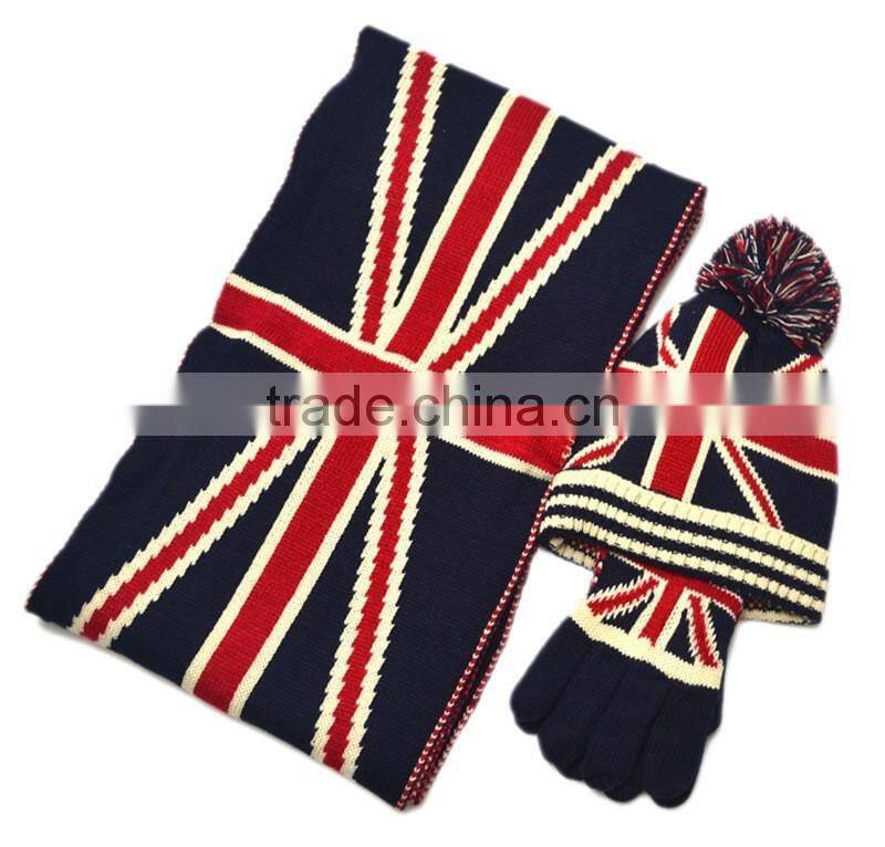 Fashion UK Flag Patten Design Knitted Scarf Hat Glove Sets Wholesale