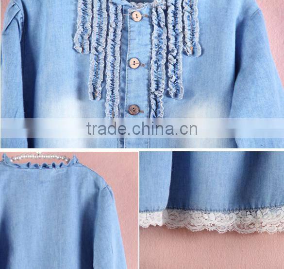 Fashion Kids Denim Blue Flower Lace Single-breasted Long Sleeve Girls Formal Dresses 20009