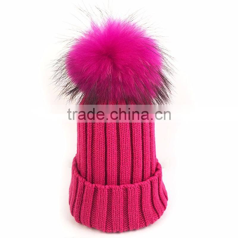 Myfur Hot Pink Fluffy Raccoon Fur Ball Knitted Beanie Hat for Fashion Lady