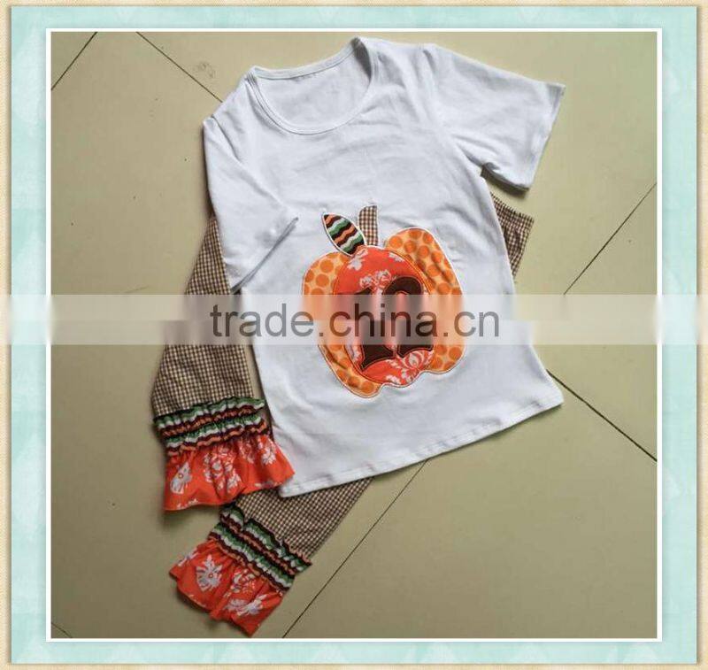 fall boutique girl clothing short sleeve white big pumpikin embroidery match ruffle pant wholesale baby clothes