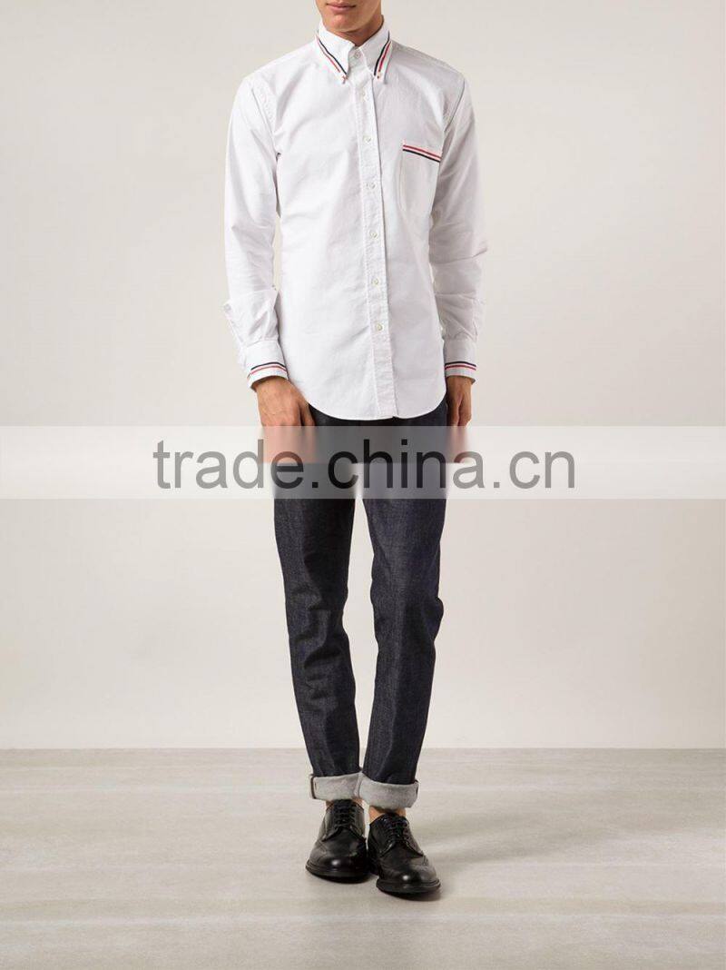 men's striped trim curved hem white long sleeve shirt