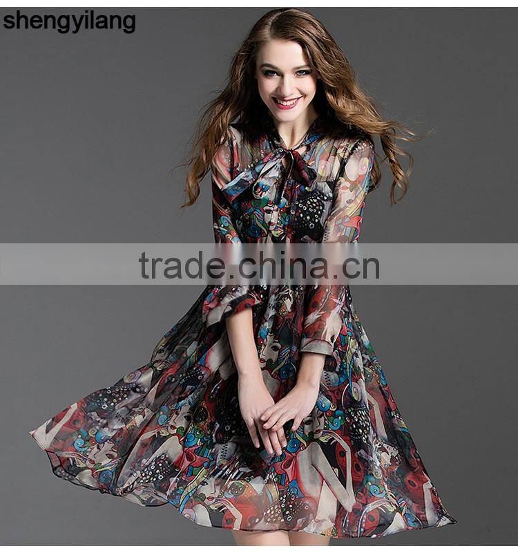 womens latest high quality printed chiffon traditional slim fitted dresses with bow