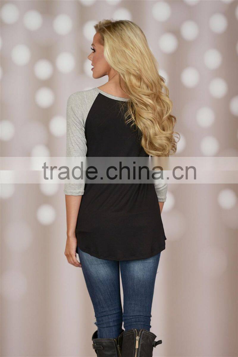 European and American style women's Christmas theme raglan 3/4 sleeve curved/rounded hem t shirt