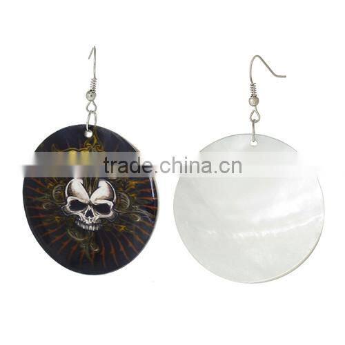 Silver Tone Hook Round Dark Blue Halloween Skull Fashion Shell Dangle Earrings 6.8cmx4.5cm