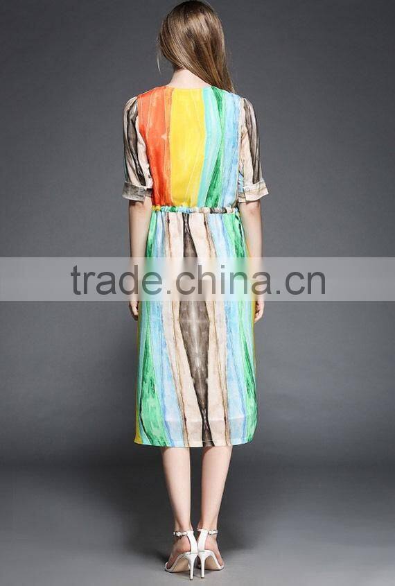 Summer Womens Fashion Casual Long Chiffon Maxi Dresses Lasies Short Sleeve Multi-Color Printed Dress