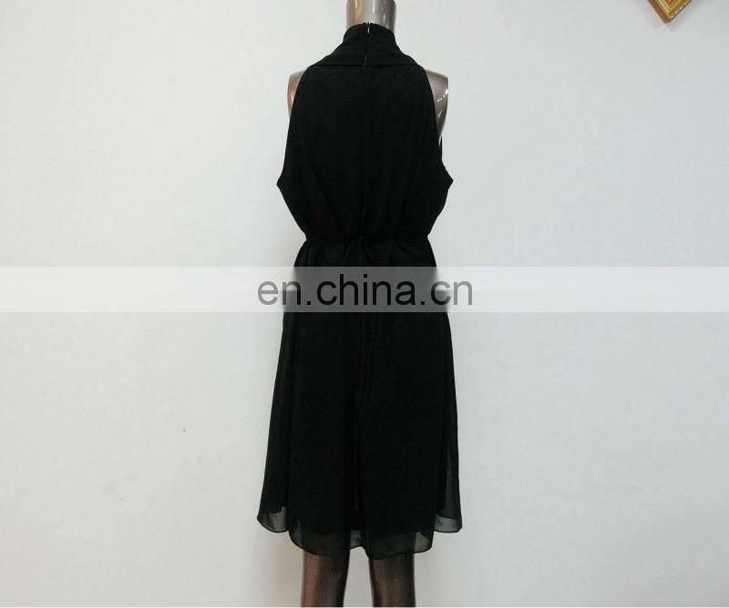 Pleated ladies sleeveless black chiffon open breast dress