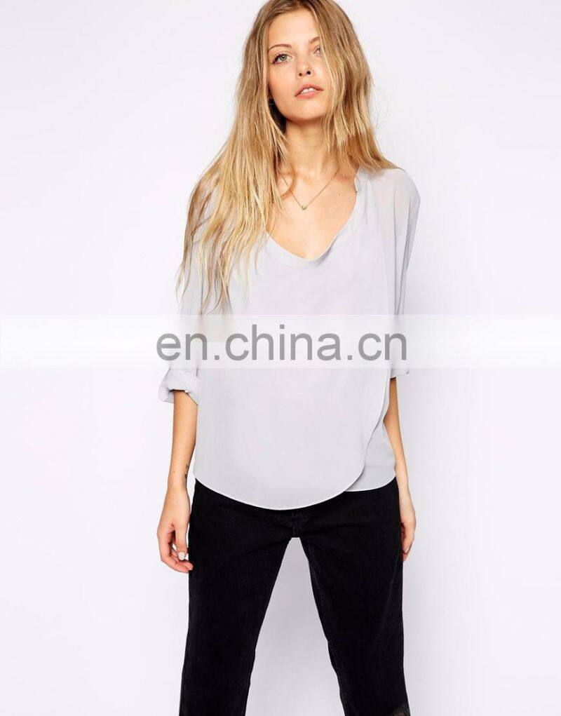 Grey color drape neck new style top for girls with chiffon material