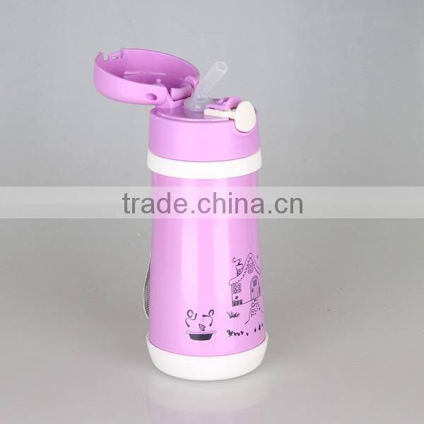 Double wall pink vacuum flask for kids with inner cap straw and carabiner vacuum flask