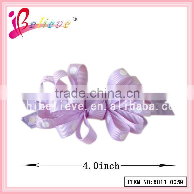 Promotion price good quality factory direct sale delicate dot grosgrain 4.0 inch frizzy ribbon bow hair barrette (XH11-0059)