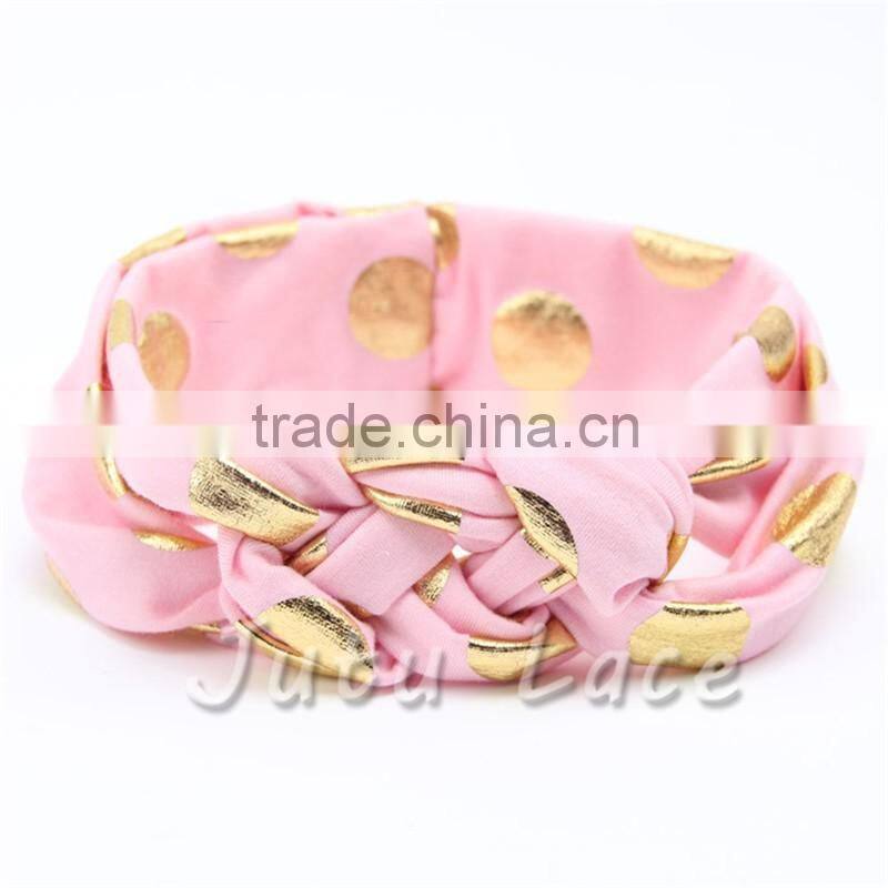 Cotton fabric golden polka-dots bow headbands - foil gold wide elastic knitted headwraps
