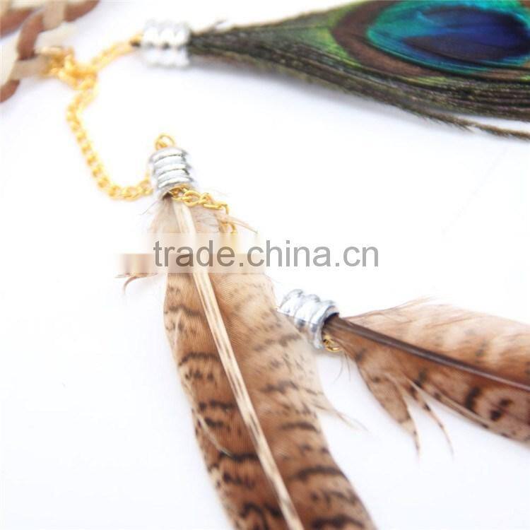 DSHB01 Tribal hair band indian peacock feather pendant headband golden leaves rope knitted belt elastic hairband