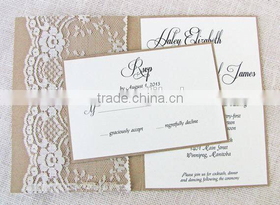 Rustic lace wedding invitation card with Kraft pocket