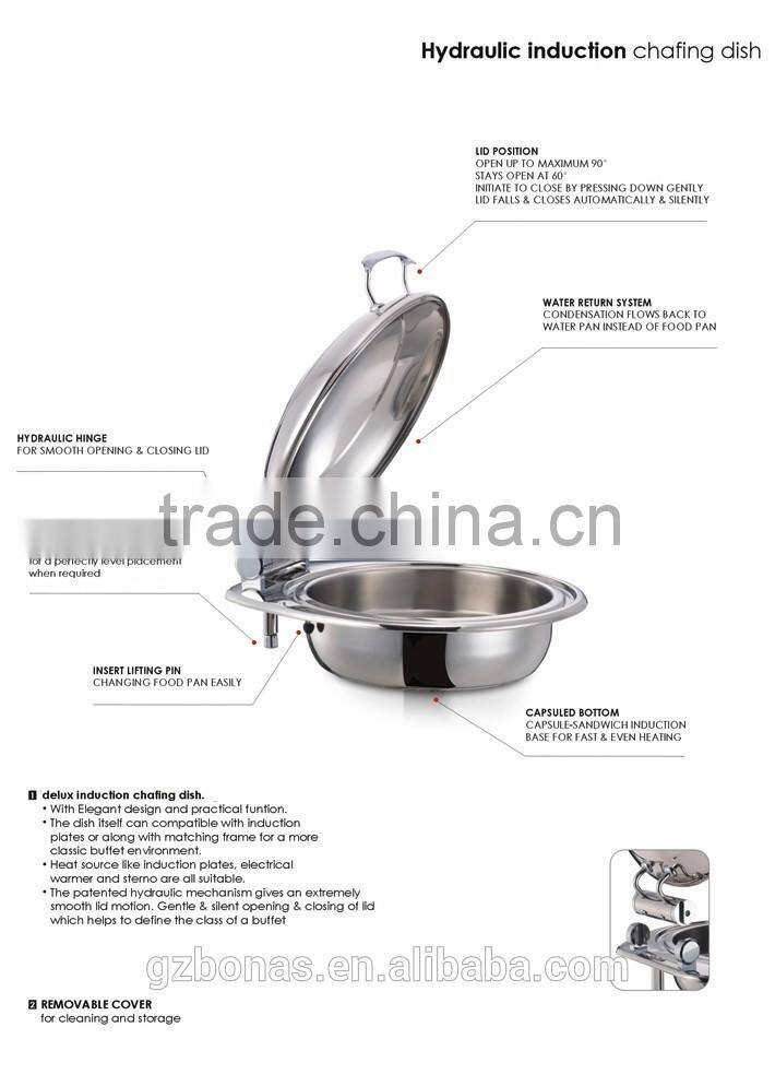 Delux stainless steel full size hydraulic induction chafing dish mechanical hinge chafer with glass lid