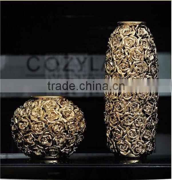 Golden centerpiece home decoration ceramic vase with rose design