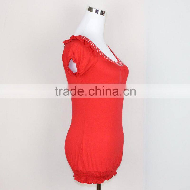 Stylish Lady Women Short Sleeve Rayon Loose Casual Plain Fancy Elegant Blouses For Lady