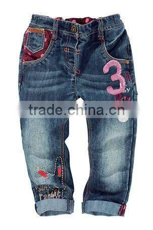 2014 girls fashion elastic waist embroidery jeans kid