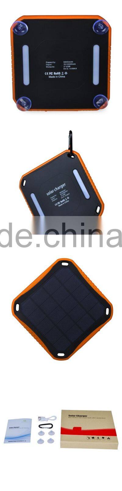 Waterproof Fireproof led light 5600mAh Dual USB Ports external backup battery charger Solar Power Bank for mobile phone tablet