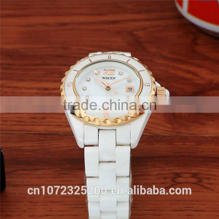 2016 BOSCEN Ladies Fashion White Ceramic Crystal Diamond Watches 3atm Water Resistant