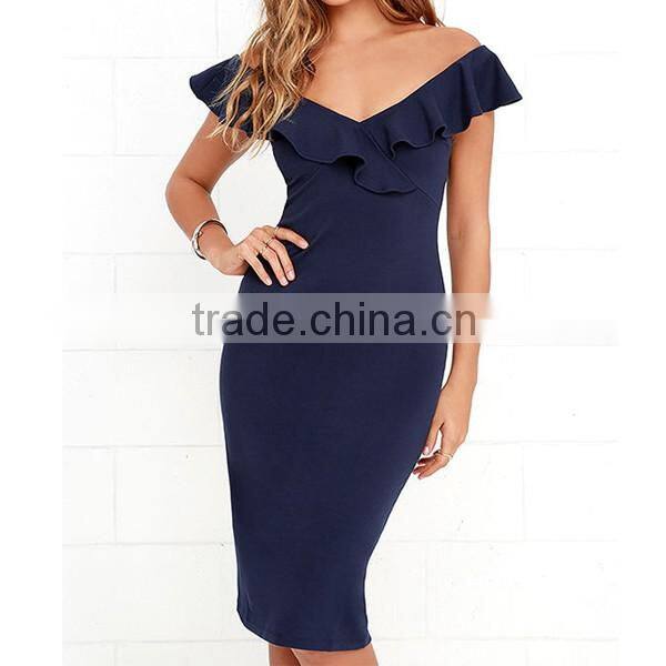 2016 Latest Ruffle Navy Blue Bodycon Midi Dress Designs
