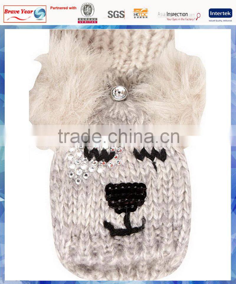 bear capped half fingers women knitted gloves with cute faux fur pom pom