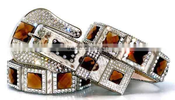 Brown Brindle Prism Concho Real Glass Crystal Rhinestone Belt