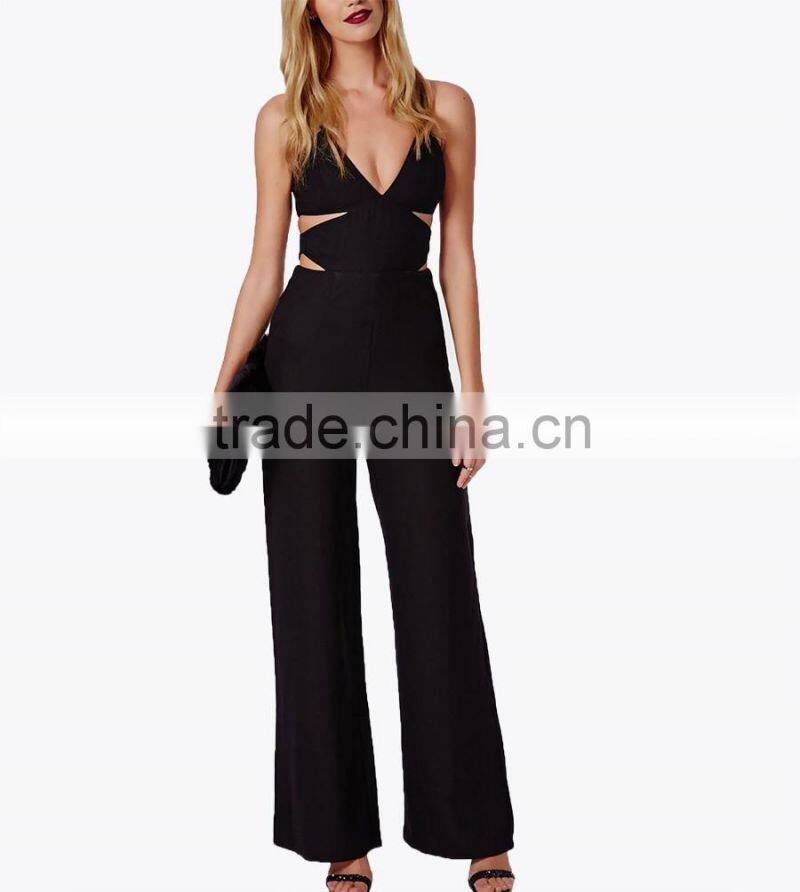 Trendy Top Sale Spaghetti strap v cut out bandage long black sexy jumpsuits for woman