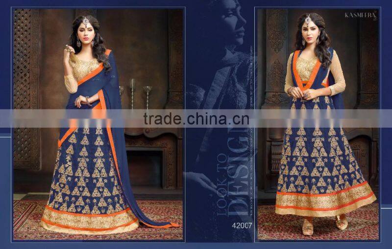 Indian Designer Fully Embroidered Bridal Anarkali Salwar Kameez With Banaras Border For Womens