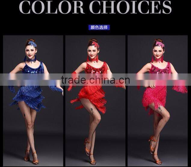 Performance Lady Stage Blue Sequin Tassel Latin Dance Costumes Adult